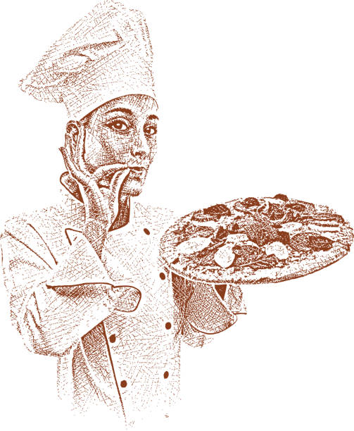 bildbanksillustrationer, clip art samt tecknat material och ikoner med chef with fresh pizza - illustrationer med överkroppsbild