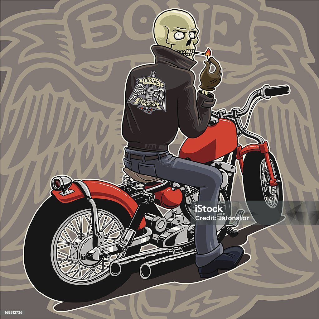 The bone bobber A pale rider on his bobber bike. Background, skeleton, badge and motorcycle come in separate layers. Human Skeleton stock vector