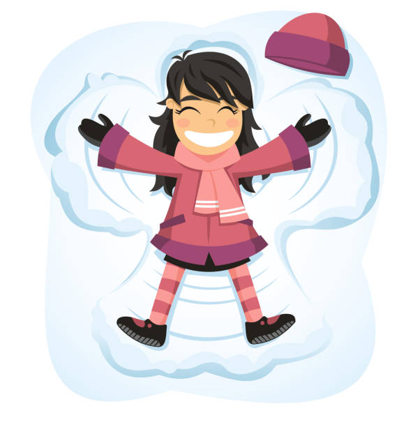 Snow angel happy girl enjoying snowy day Little girl making an snow angel. Vector illustration cartoon. kids snow suits stock illustrations
