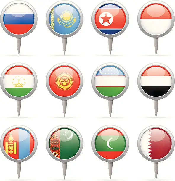 Vector illustration of Round flag pins - Asia