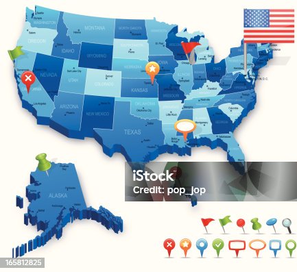 istock USA 3D map - states, cities, flag and navigation icons 165812825