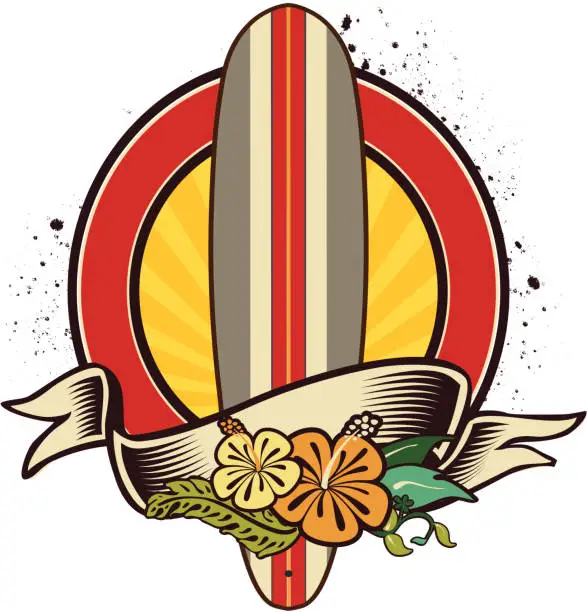 Vector illustration of Surfboard Flowered Emblem