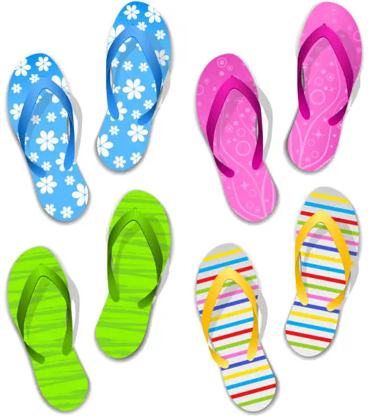 Vector illustration of Four pairs of colorful flip flops