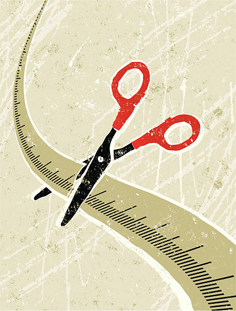 Scissors Cutting  a Tape Measure Weight Loss! A stylized vector cartoon of scissors cutting a measuring tape, the style is  reminiscent of an old screen print poster, suggesting losing weight, dieting, measuring, impatience,frustration or health. Scissors,Tap, paper texture and background are on different layers for easy editing. Please note: clipping paths have been used,  an eps version is included without the path. impatient stock illustrations