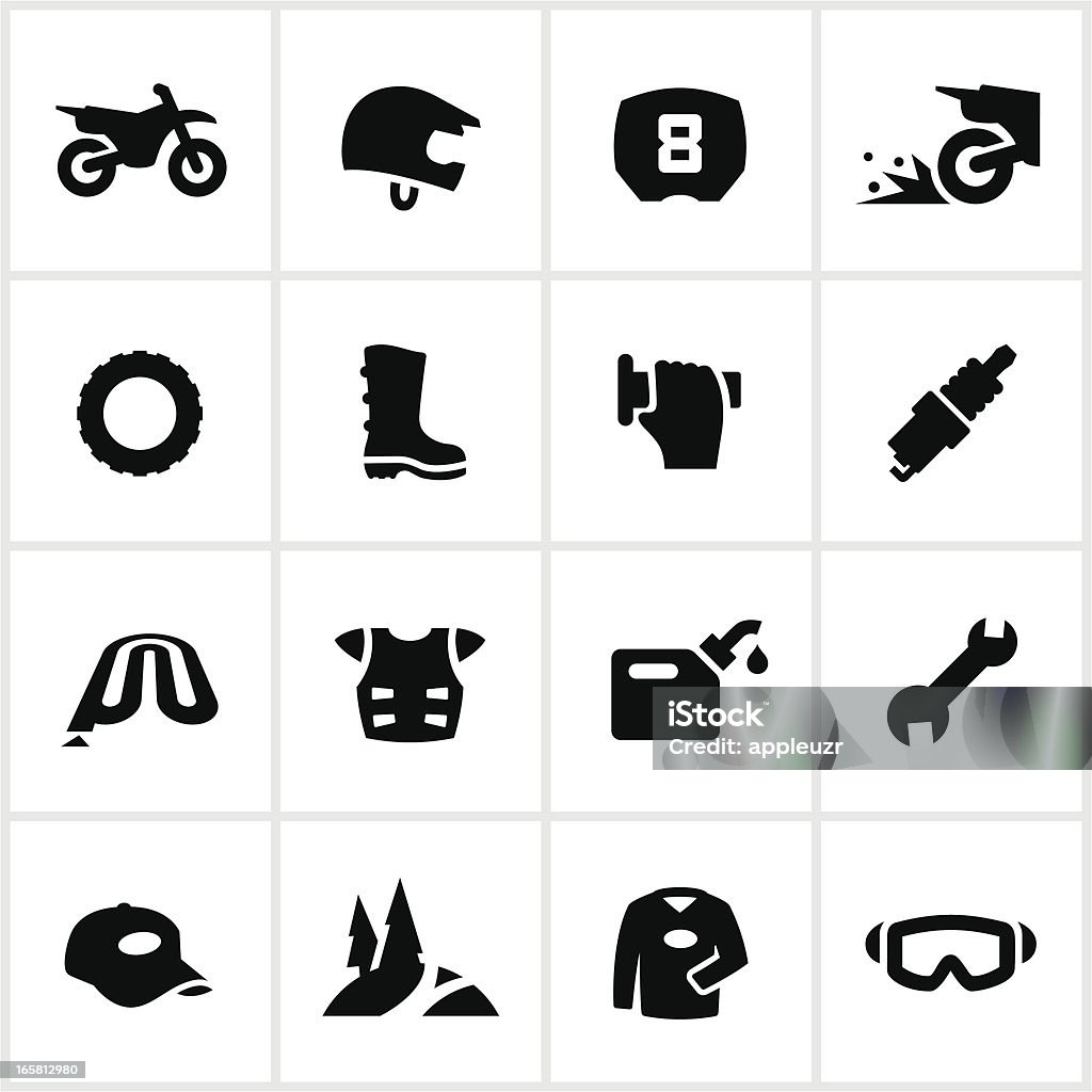 Black Motocross and Dirtbike Icons "Motocross/motorcycle icons. All white strokes/shapes are cut from the icons and merged allowing the background to show through. Number ""8"" own creation/not font.SL" Motocross stock vector