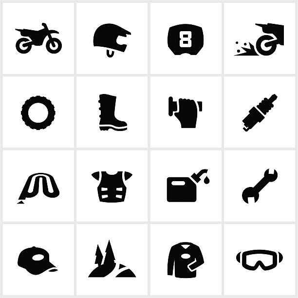 Black Motocross and Dirtbike Icons "Motocross/motorcycle icons. All white strokes/shapes are cut from the icons and merged allowing the background to show through. Number ""8"" own creation/not font.SL" Chest Protector stock illustrations