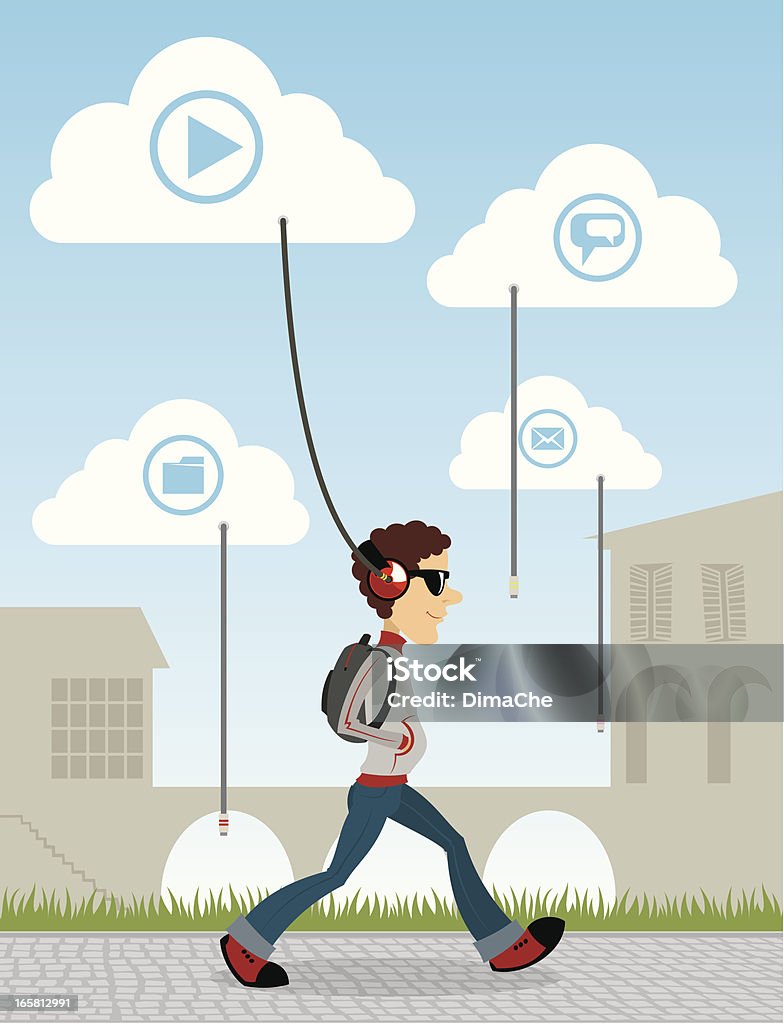 Guy marche avec nuage informatique - clipart vectoriel de Cloud computing libre de droits