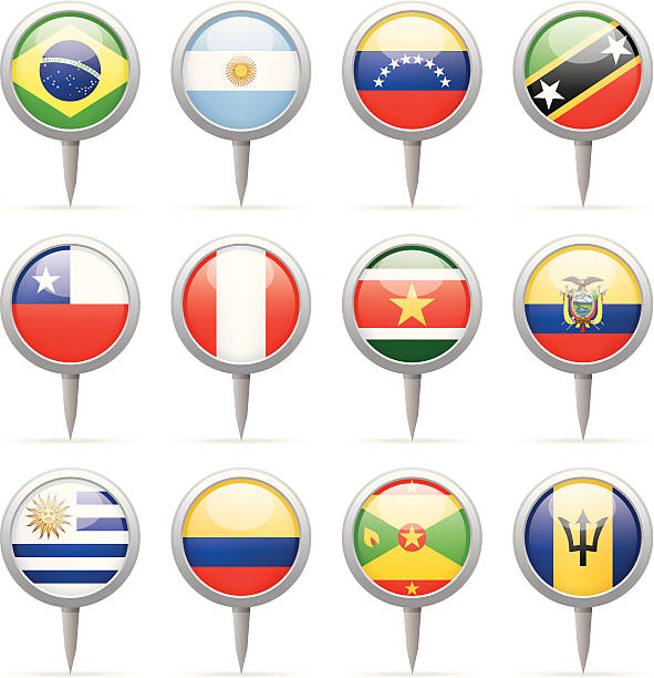 Round flag pins - South and Central America American Flags Collection (part 2nd of 3) grenada caribbean map stock illustrations