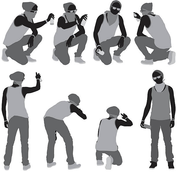 ilustraciones, imágenes clip art, dibujos animados e iconos de stock de varias imágenes de un hombre haciendo graffiti - crouching silhouette men people