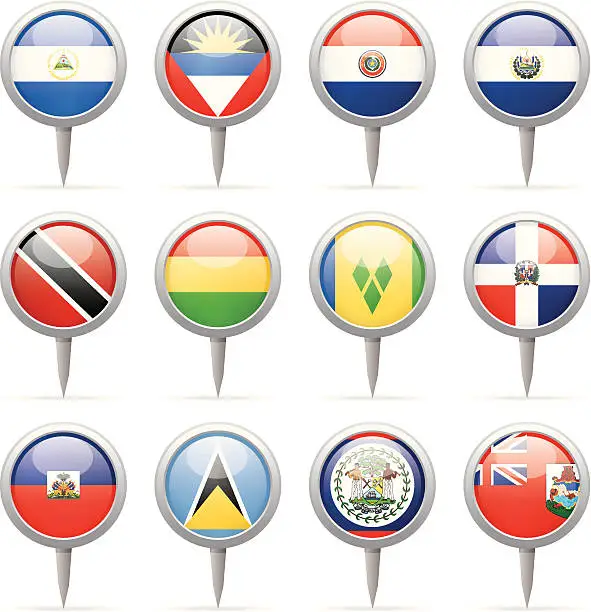 Vector illustration of Round flag pins - Central and South America