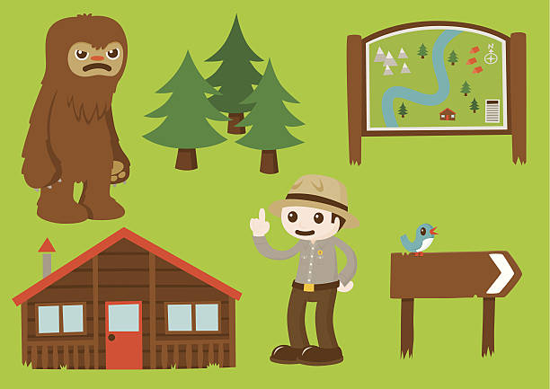 The Great Outdoors - Element Set 2 Second set of a series of cartoon elements celebrating the great outdoors. This set includes a sasquatch, trees, a map sign, a log cabin, a park ranger and a bird on a sign with copyspace. yeti cartoons stock illustrations