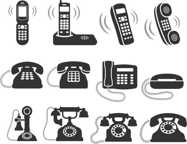 ilustraciones, imágenes clip art, dibujos animados e iconos de stock de teléfono blanco y negro sin royalties de conjunto de iconos vectoriales - cordless phone telephone landline phone telephone receiver