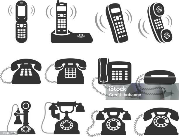 Telefone Preto E Branco Vector Conjunto De Ícones Royalty Free - Arte vetorial de stock e mais imagens de Telefone