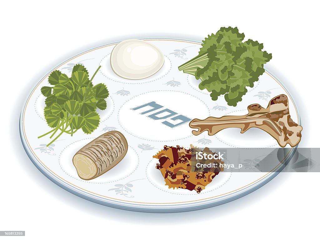 Assiette du Séder avec nourriture traditionnelle - clipart vectoriel de Pâque juive libre de droits
