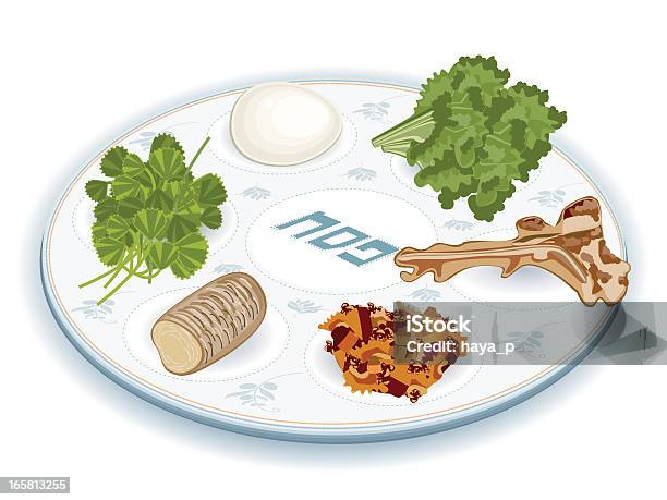 Prato De Seder Com Comida Tradicional - Arte vetorial de stock e mais imagens de Pesach - Pesach, Ilustração, Prato de Seder