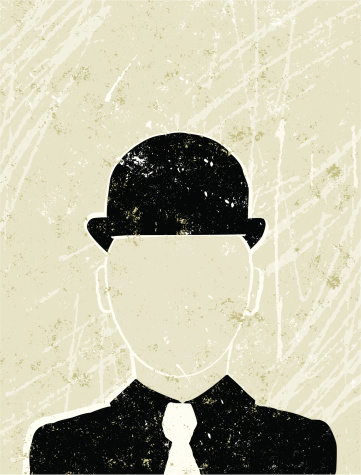 Invisible man!, A stylized vector cartoon of a Businessman with a bowler hat and a blank face, the style is  reminiscent of an old screen print poster, suggesting conformity, empty headed, the invisible man, identity,  or thoughtlessness. Man, hat, clown,paper texture and background are on different layers for easy editing. Please note: clipping paths have been used,  an eps version is included without the path.