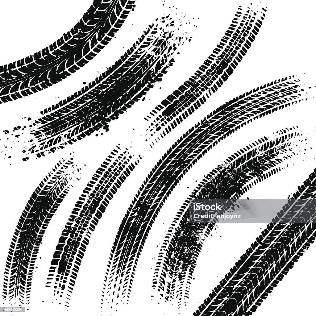 Black tyre tracks Curved black tyre tracks with grunge splatters. Tire Track stock vector