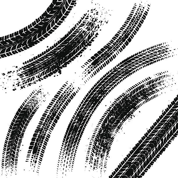 Black tyre tracks Curved black tyre tracks with grunge splatters. sports track stock illustrations
