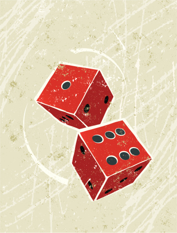Lady Luck! A stylized vector cartoon of a pair of dice, the style is  reminiscent of an old screen print poster, suggesting luck, risk, strategy, gambling, or turn of events, Dice, paper texture and background are on different layers for easy editing. Please note: clipping paths have been used,  an eps version is included without the path.