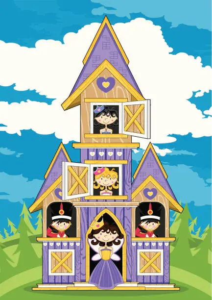 Vector illustration of Princesses with Guards in Mini Castle Scene