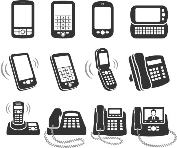 moderne telefon schwarz und weiß lizenzfreie vektor icon-set - conference phone illustrations stock-grafiken, -clipart, -cartoons und -symbole