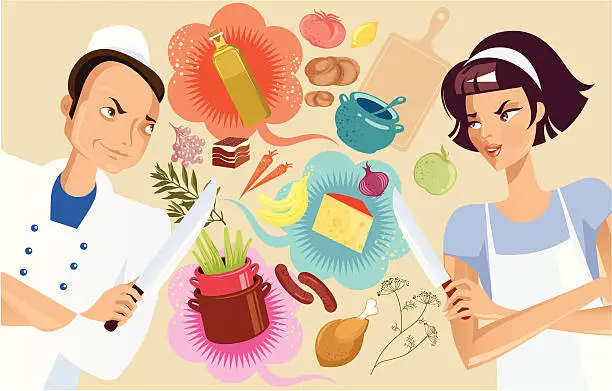Vector illustration of Chef and kitchen help.