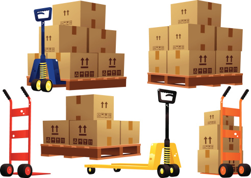 Handtrucks, pallets and cardboard boxes