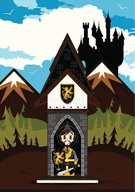 Vector illustration of Black Knight in Mini Turret Castle Scene