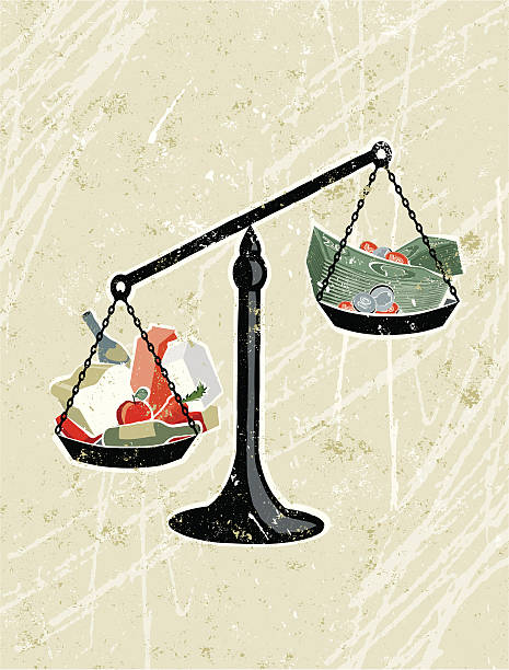 skali ważenia z artykuły spożywcze i pieniądze - weight scale apple comparison balance stock illustrations