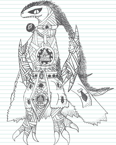 Marauding Warrior Sketch Doodle Hand-drawn doodle pencil sketch drawn by a 12 year old boy of, as he describes it, a "mutant mummy monster reptile lord marauding warrior". Straight from the mind of a teenager. This file has a release. Lined paper on layer that can be easily removed. XL 5000x5000 jpeg included. ancient egyptian art stock illustrations
