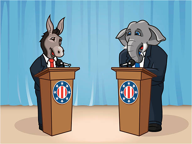 Presidential Debate Illustration of the Donkey and Elephant representing the U.S. Democratic and Republican political parties for a presidential debate. Download includes: EPS, PDF, JPG formats. republican national convention stock illustrations