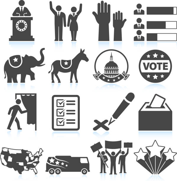 ekonomia wyborów prezydenckich w ameryce, czarno-biały zestaw ikon - barack obama stock illustrations