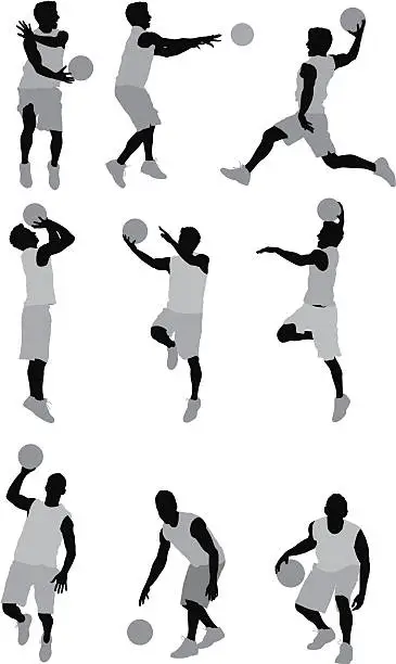 Vector illustration of Multiple images of a man playing basketball
