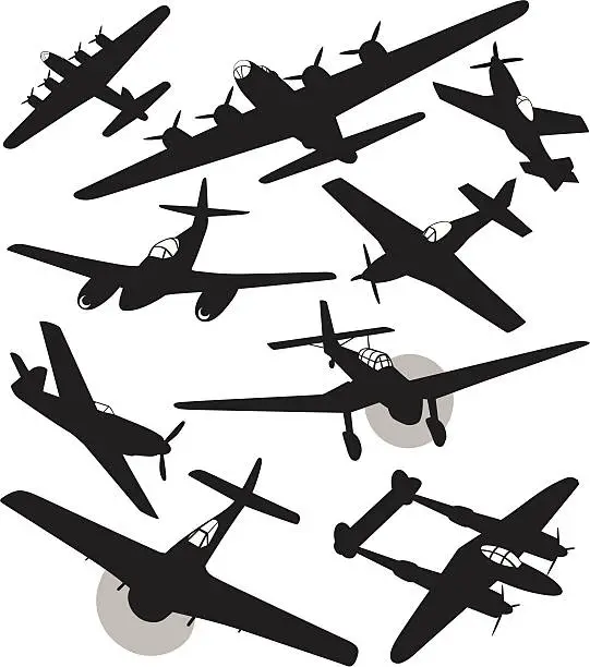 Vector illustration of Silhouettes of World War 2 fighters and bombers