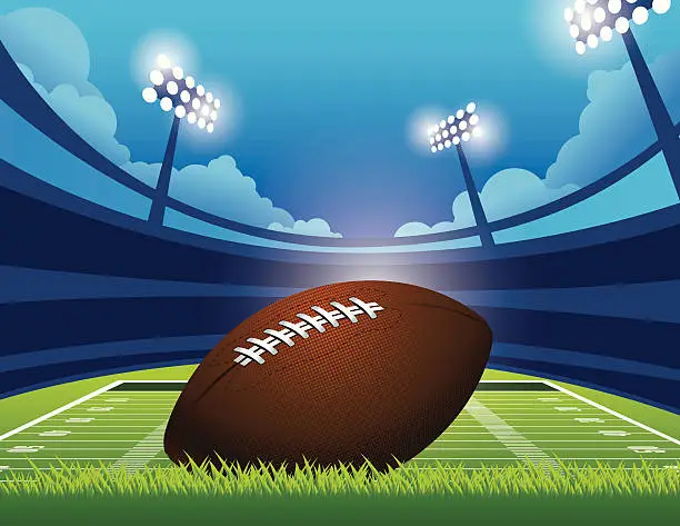 Vector illustration of Graphic of an American football on a green stadium