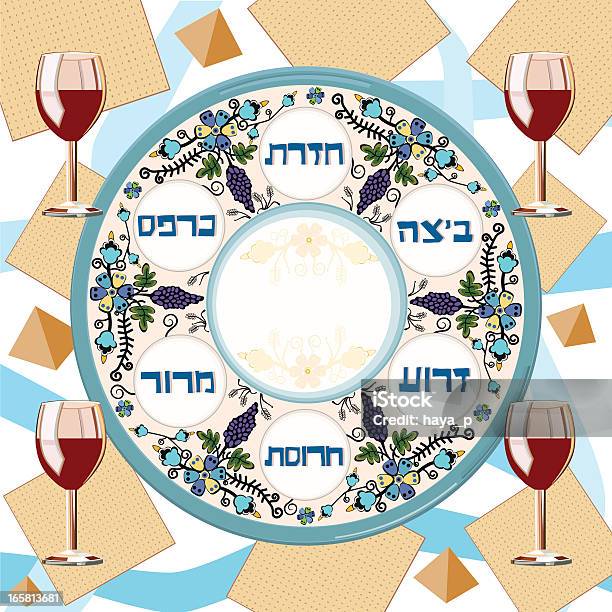 Pesach Piatto Tradizionale Matzoh E Quattro Bicchieri Di Vino - Immagini vettoriali stock e altre immagini di Giudaismo