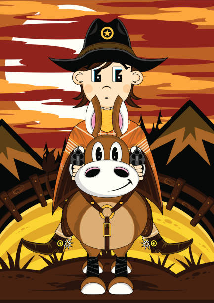 Cowboy Sheriff in Poncho on Horse Vector Illustration of a Cute Wild West Cowboy Sheriff wearing Poncho and riding a horse. girl with cowboy hat stock illustrations