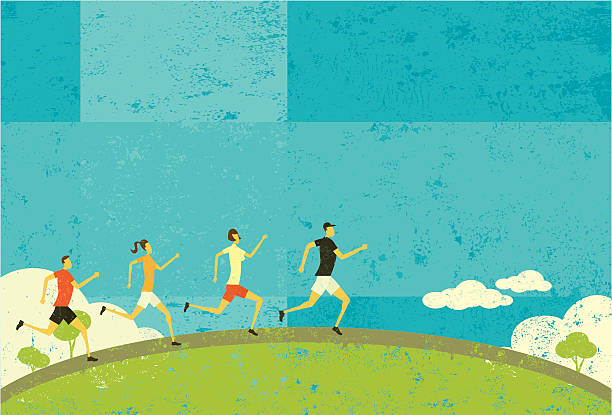 Runners People jogging over an abstract nature background. The people and background are on separate labeled layers. outdoor lifestyle stock illustrations