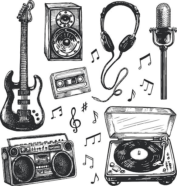 Black and white drawings of music related items  Set of sketched musical design elements.  Hi res jpeg included. More works like this linked below. audio cassette illustrations stock illustrations