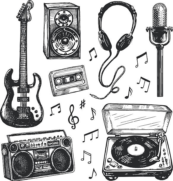 Black and white drawings of music related items Set of sketched musical design elements. Hi res jpeg included. More works like this linked below. rock n roll music speakers stock illustrations