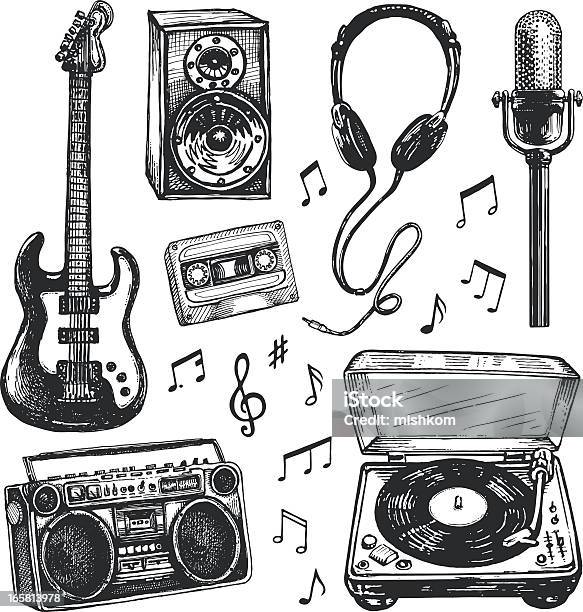 Black And White Drawings Of Music Related Items Stock Illustration - Download Image Now - Guitar, Music, Illustration
