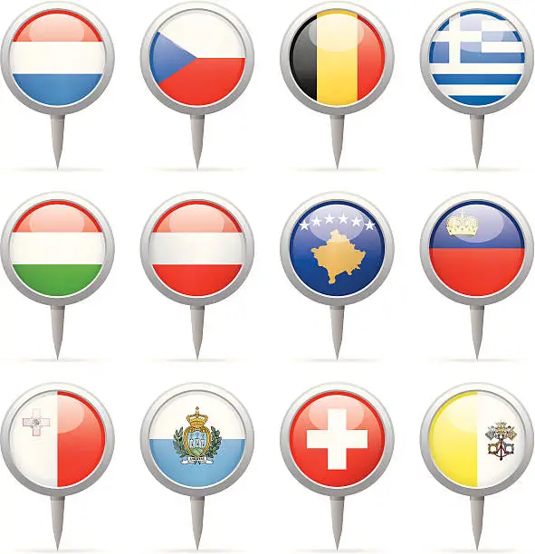 Vector illustration of Round flag pins - Europe