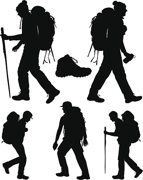 Backpacking Hikers and Hiking Shoe Tight graphic silhouettes of hikers with backpacks and a hiking shoe. Check out my "People Black and White Ills." light box for more. trailblazing stock illustrations