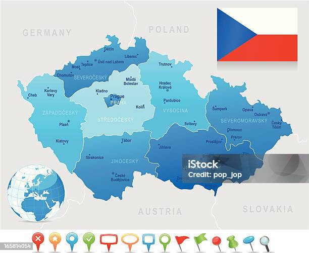 Карта Чешская Республикаштатах Городах Флаг Навигации Иконки — стоковая векторная графика и другие изображения на тему Без людей