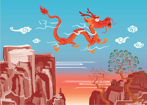 ilustrações de stock, clip art, desenhos animados e ícones de dragão voar sobre a montanha - dragon chinese dragon china chinese ethnicity
