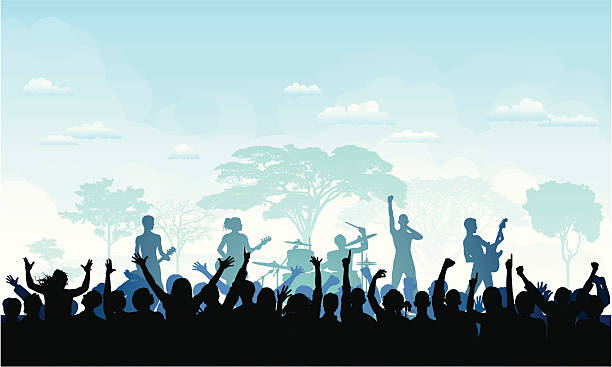 Festival Band jamming in the park. Each band member and the trees are complete. The people in the crowd are complete down to the waste. concert crowd stock illustrations