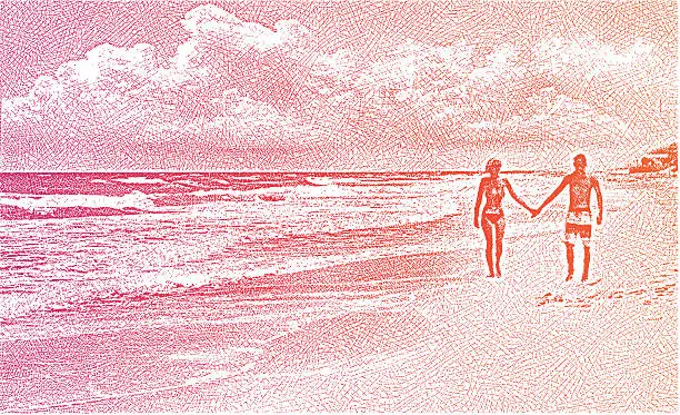 Vector illustration of Couple Enjoying Romantic Walk On Beach