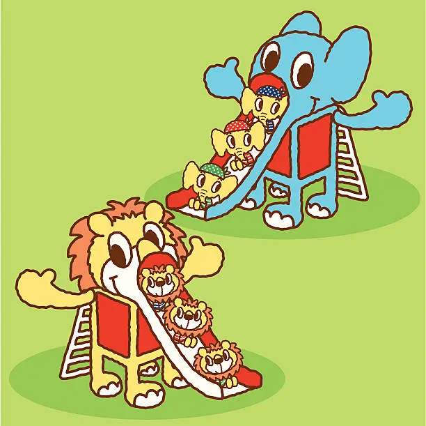 Vector illustration of Animals play on the slide