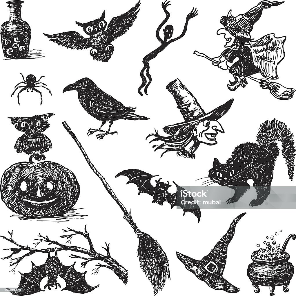 Halloween Vector drawing of a symbols of Halloween. Witch stock vector