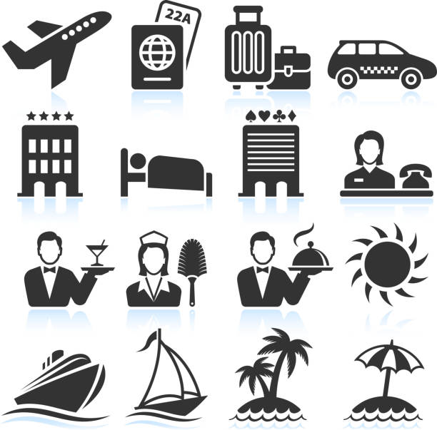 ilustraciones, imágenes clip art, dibujos animados e iconos de stock de viaje de vacaciones negro & blanco conjunto de iconos vectoriales sin royalties - passport computer graphic digitally generated image white background